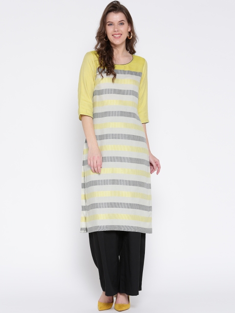 

AURELIA Women Yellow & Grey Striped Straight Kurta