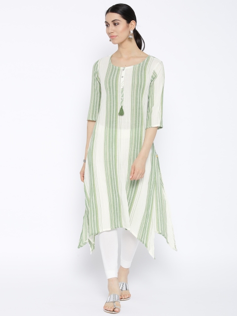 

AURELIA Women Green & White Striped A-Line Kurta
