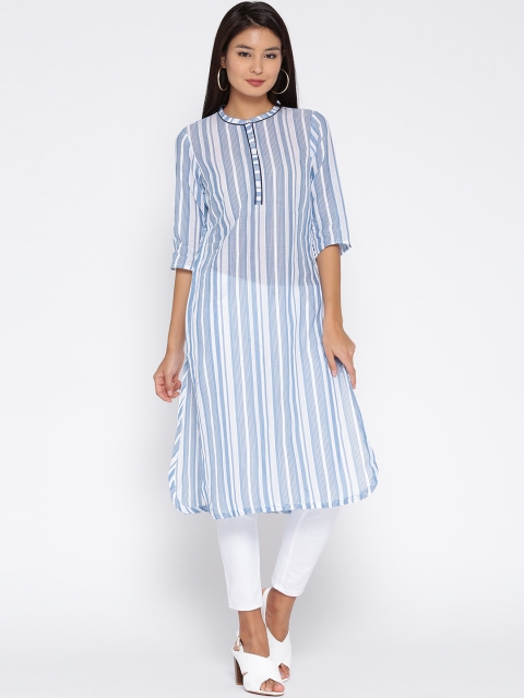

AURELIA Women Blue & White Striped Straight Kurta