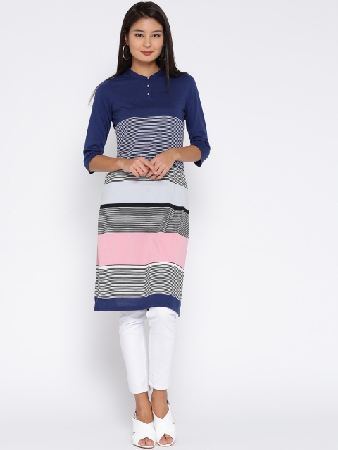 

AURELIA Women Navy Blue & White Striped Straight Kurta
