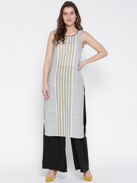 

AURELIA Women Grey & Off-White Striped Straight Kurta