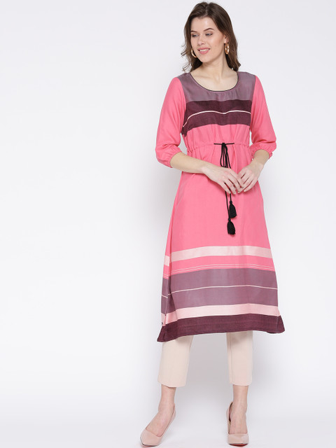 

AURELIA Women Pink & Purple Striped A-Line Kurta