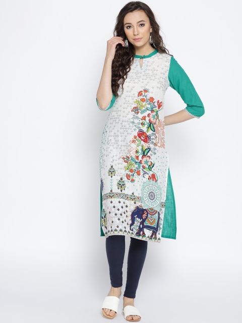 

AURELIA Women White & Green Printed Straight Kurta