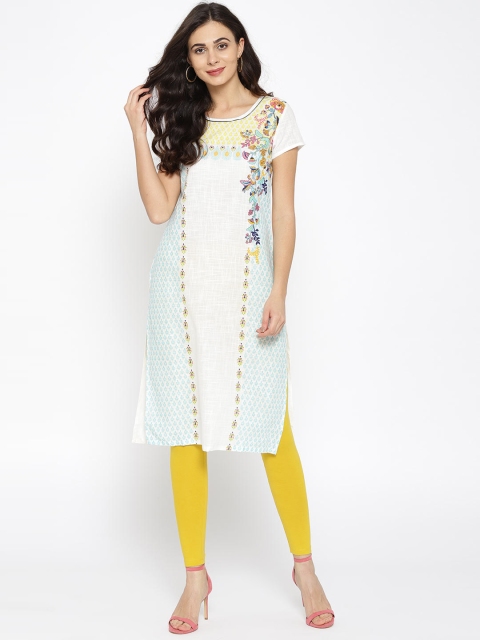 

AURELIA Women White & Blue Printed Straight Kurta