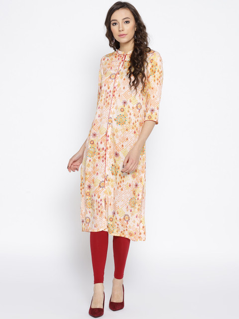 

AURELIA Women Orange & Beige Printed Straight Kurta