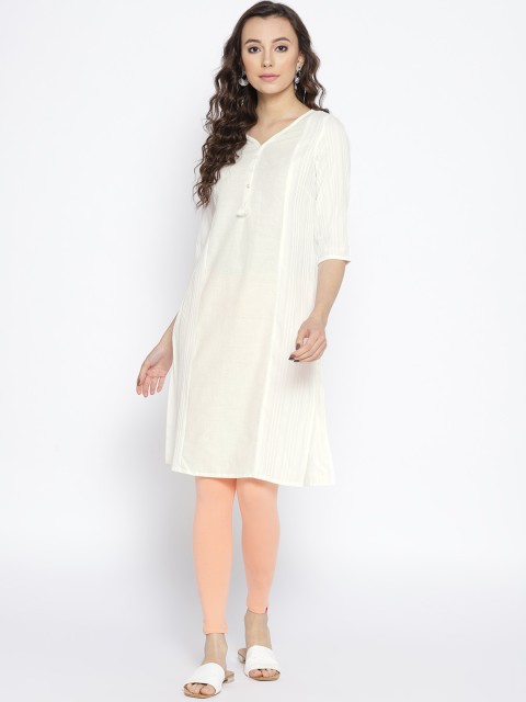 

AURELIA Women Off-White Self-Striped Straight Kurta