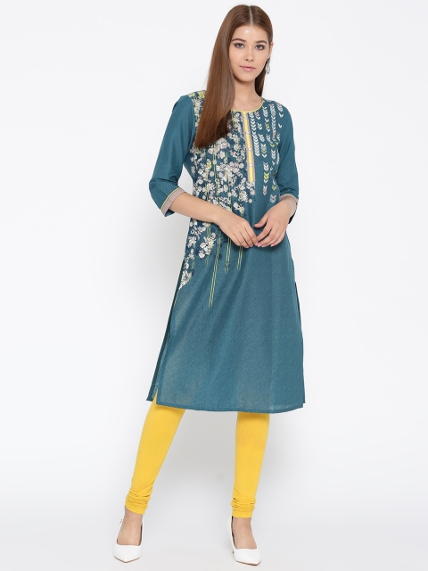 

AURELIA Women Teal Blue Printed Straight Kurta