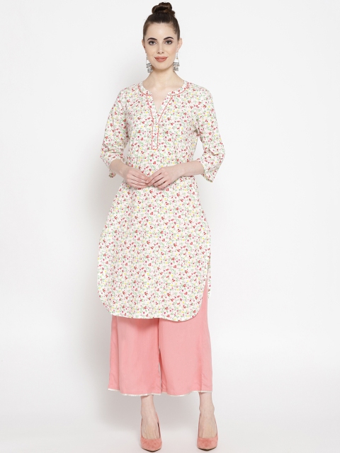 

AURELIA Women Off-White & Pink Printed Straight Kurta