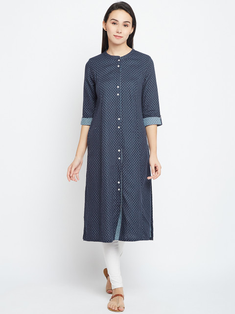 

AURELIA Women Navy Woven Design Straight Kurta, Navy blue