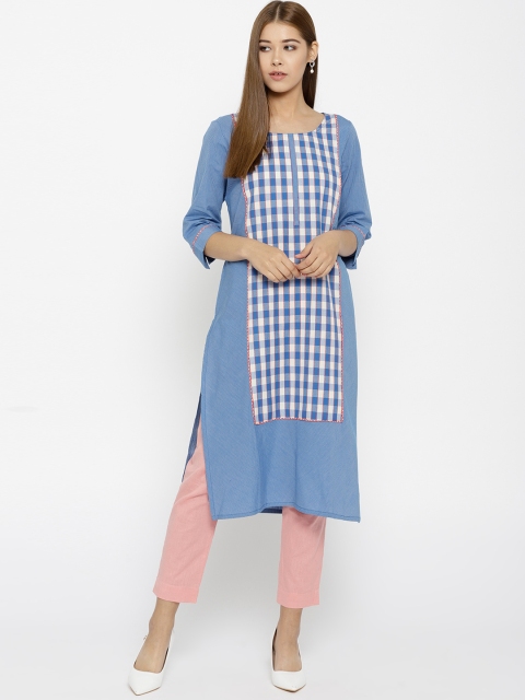 

AURELIA Women Blue & White Checked Straight Kurta