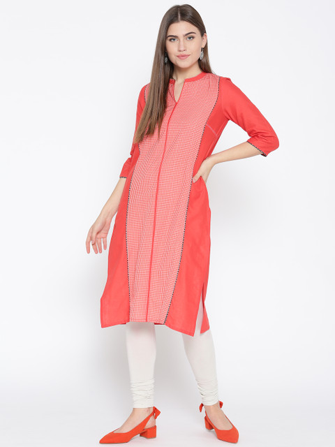 

AURELIA Women Coral Orange Checked Straight Kurta