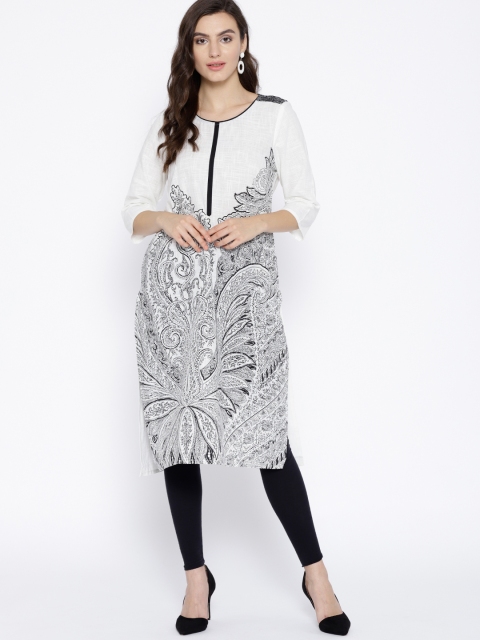

AURELIA Women White & Black Printed Straight Kurta