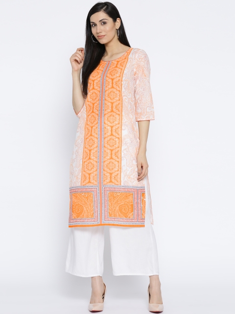 

AURELIA Women White & Orange Printed Straight Kurta
