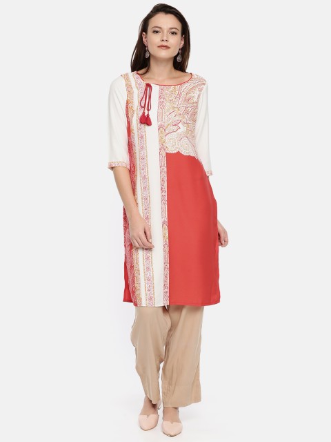 

AURELIA Women White & Orange Printed Straight Kurta