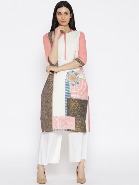 

AURELIA Women Peach-Coloured & Off-White Printed Straight Kurta