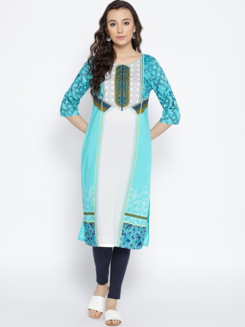 

AURELIA Women Blue & White Printed Straight Kurta