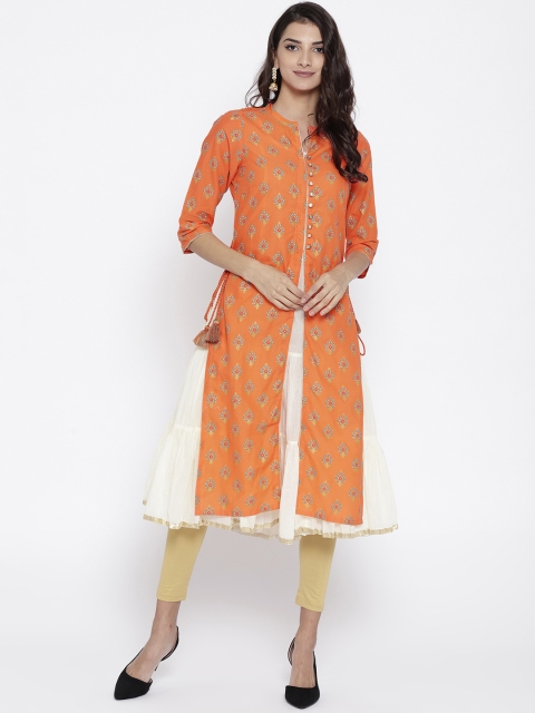 

AURELIA Women Orange & Cream-Coloured Layered A-Line Kurta