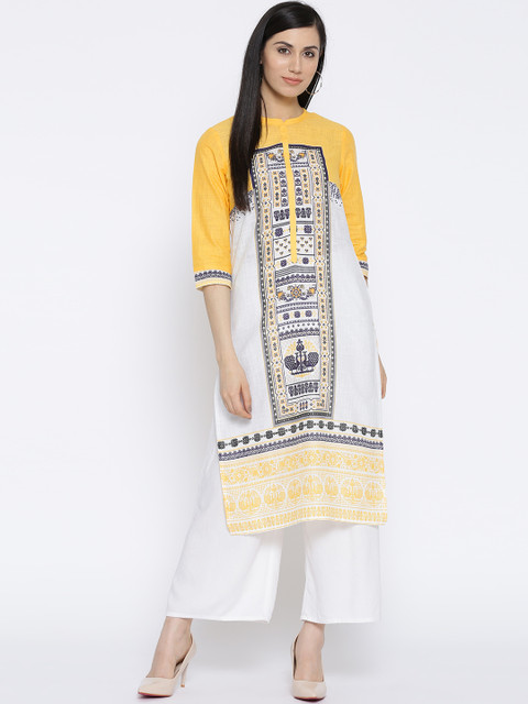 

AURELIA Women White & Yellow Printed Straight Kurta