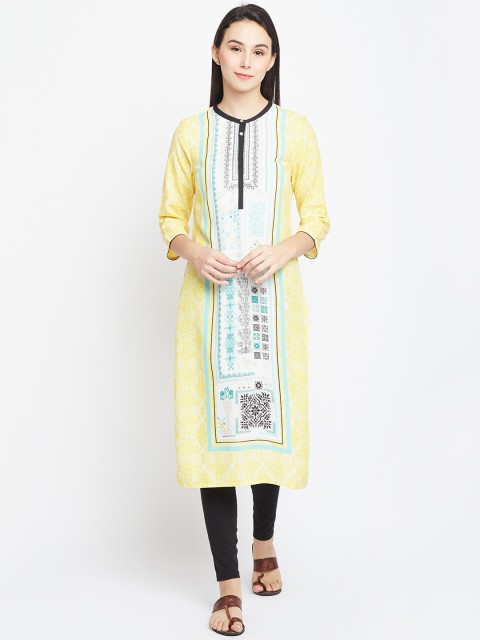

AURELIA Women Yellow & White Printed Straight Kurta