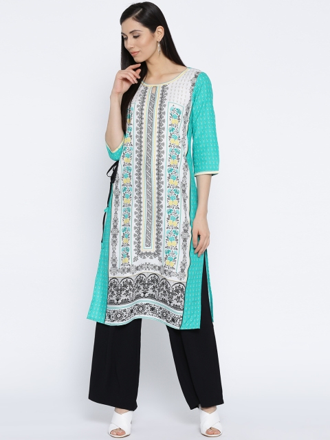 

AURELIA Women White & Green Printed Straight Kurta