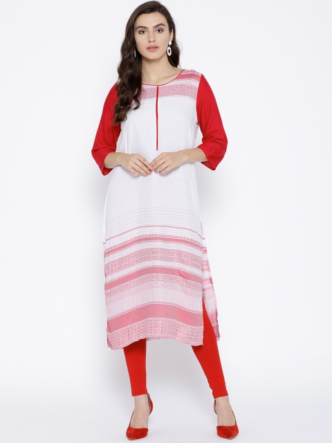 

AURELIA Women White & Pink Woven Design Straight Kurta