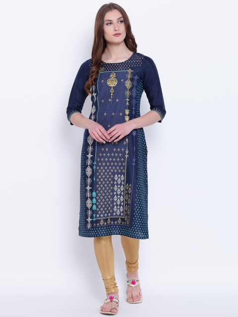

AURELIA Women Navy Blue & Golden Printed Straight Kurta