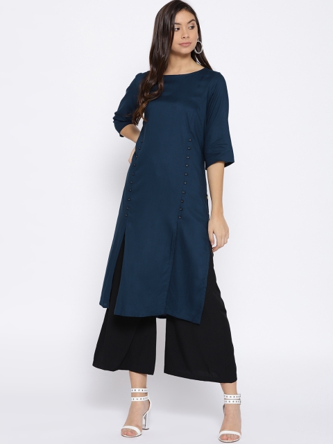 

AURELIA Women Navy Blue Solid Straight Kurta
