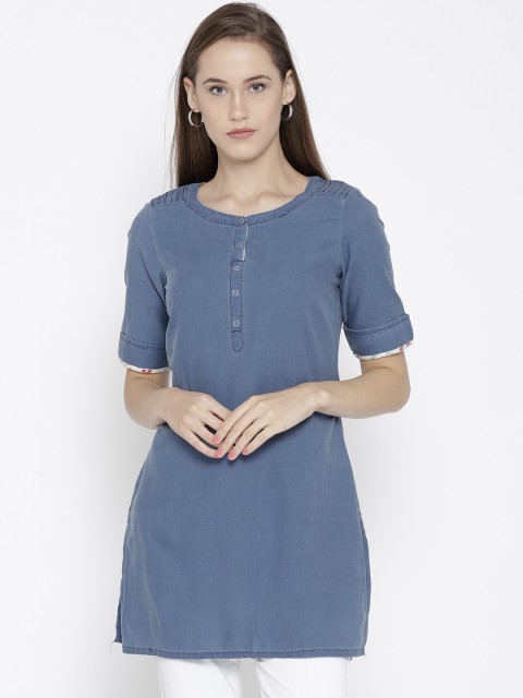

AURELIA Women Blue Longline Solid Pure Cotton Top
