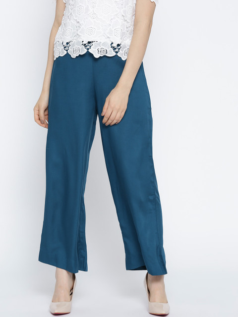 

AURELIA Women Teal Blue Solid Straight Palazzos