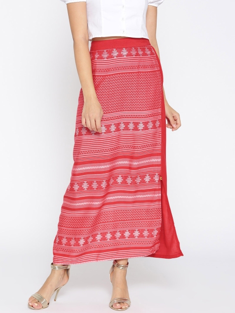 

AURELIA Women Red and White Self Design Maxi Straight Skirt
