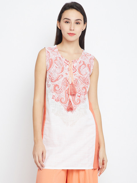 

AURELIA White & Peach-Coloured Printed Pure Cotton Kurti