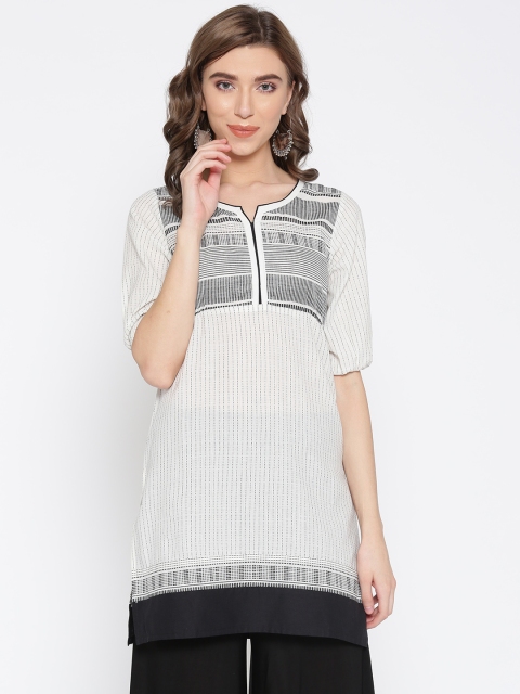 

AURELIA Women White & Black Striped Straight Kurta
