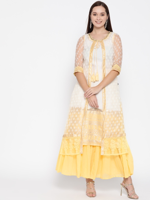 

AURELIA Women White & Yellow Solid Kurta with Skirt & Ethnic Jacket