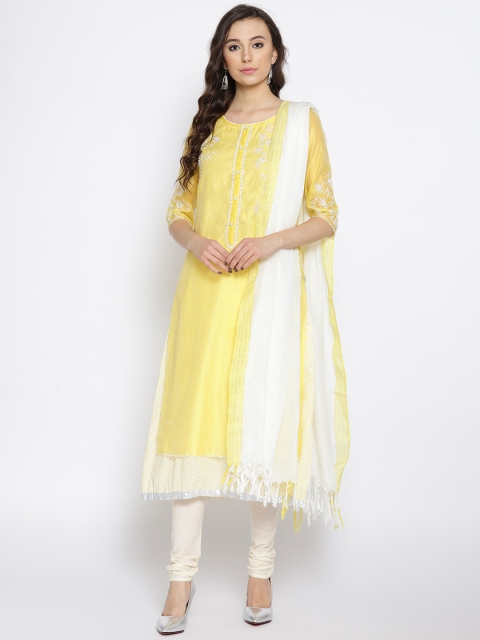 

AURELIA Women Yellow & Off-White Printed Kurta with Churidar & Dupatta