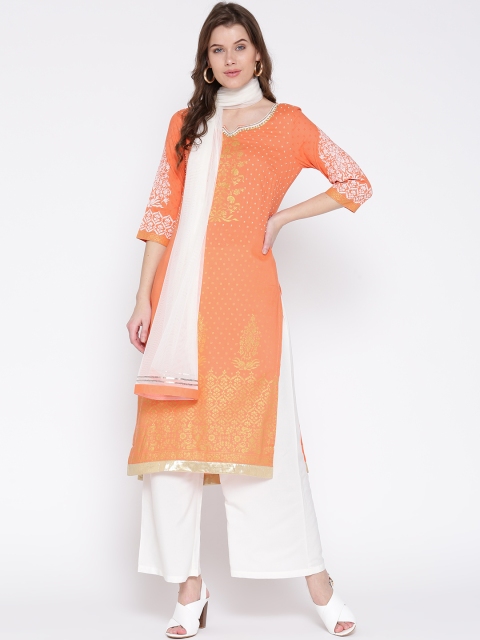 

AURELIA Women Orange & White Printed Kurta with Palazzos & Dupatta