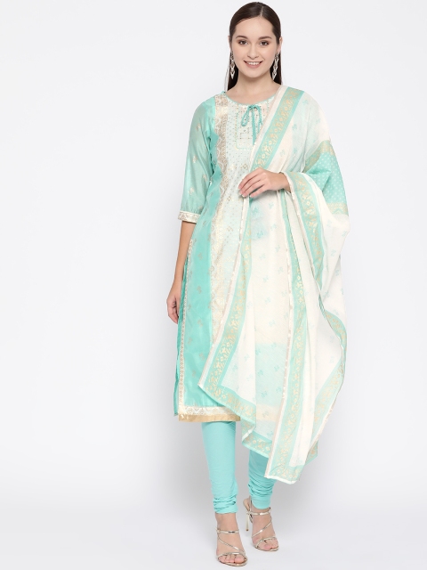 

AURELIA Women Blue & White Printed Kurta with Churidar & Dupatta