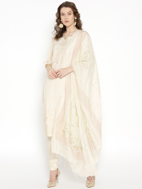 

AURELIA Women Cream-Coloured Printed Kurta with Churidar & Dupatta