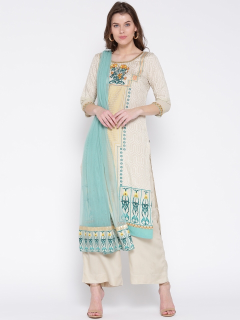 

AURELIA Women Beige & Blue Printed Kurta with Palazzos & Dupatta