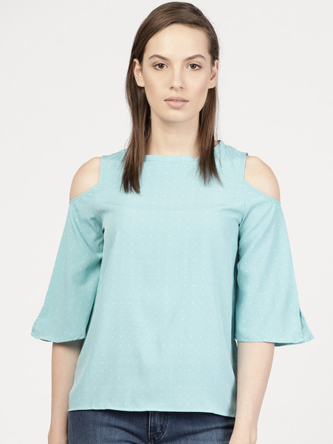 

ether Women Blue Dot Print Cold Shoulder Top