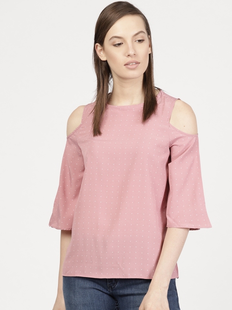 

ether Women Dusty Pink Dot Print Cold Shoulder Top