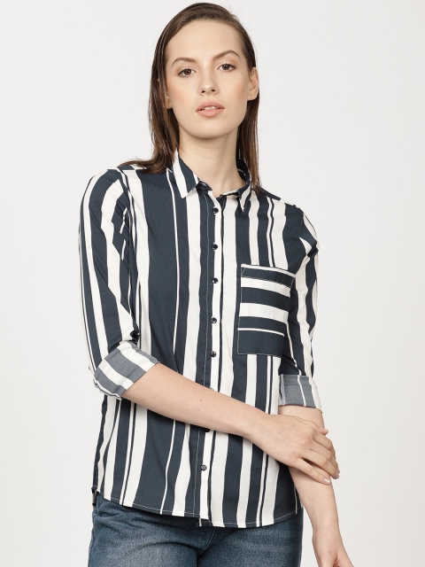 

ether Women Navy Blue & White Regular Fit Striped Casual Shirt