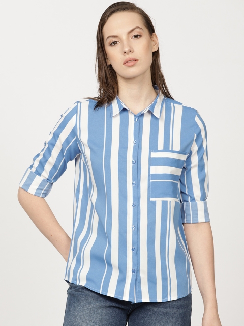 

ether Women White & Blue Regular Fit Striped Casual Shirt