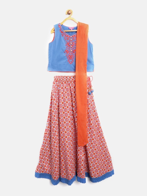 

Biba Girls Coral & Blue Embroidered Ready to Wear Lehenga & Blouse with Dupatta