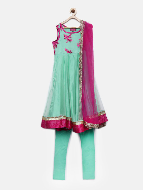 

Biba Girls Sea Green & Pink Embroidered Kurta with Churidar & Dupatta