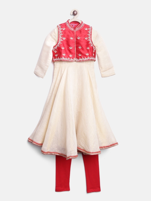 

Biba Girls Beige & Red Yoke Design Kurta with Churidar & Jacket