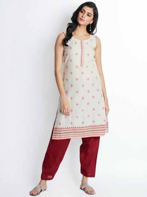

RANGMANCH BY PANTALOONS Women White & Orange Printed A-Line Kurta, Off white