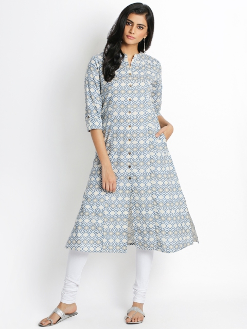 

RANGMANCH BY PANTALOONS Women Blue & Off-White Printed A-Line Kurta