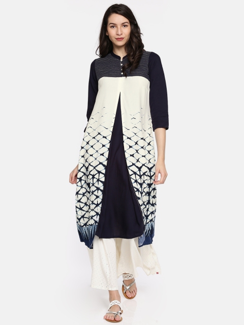 

RANGMANCH BY PANTALOONS Women White & Navy Blue Printed Layered Kurta