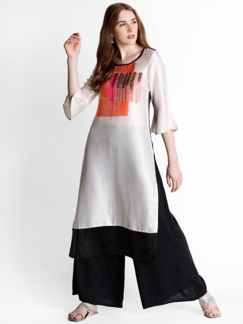 

RANGMANCH BY PANTALOONS Women Off-White & Black Printed Straight Kurta