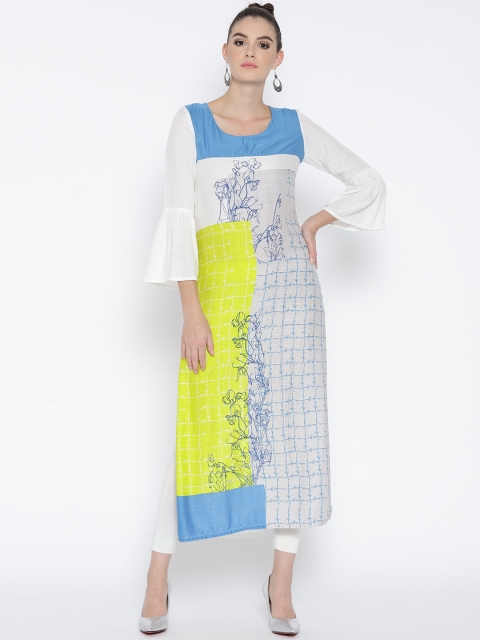 

RANGMANCH BY PANTALOONS Women White & Blue Printed Straight Kurta